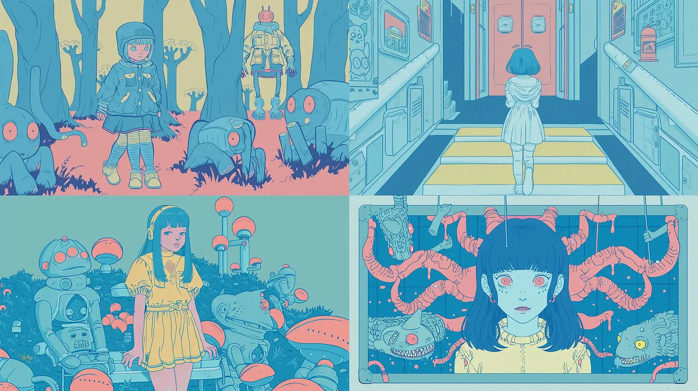 Retro-Futuristic Dreamscapes in Monochromatic Blues - Midjourney sref style