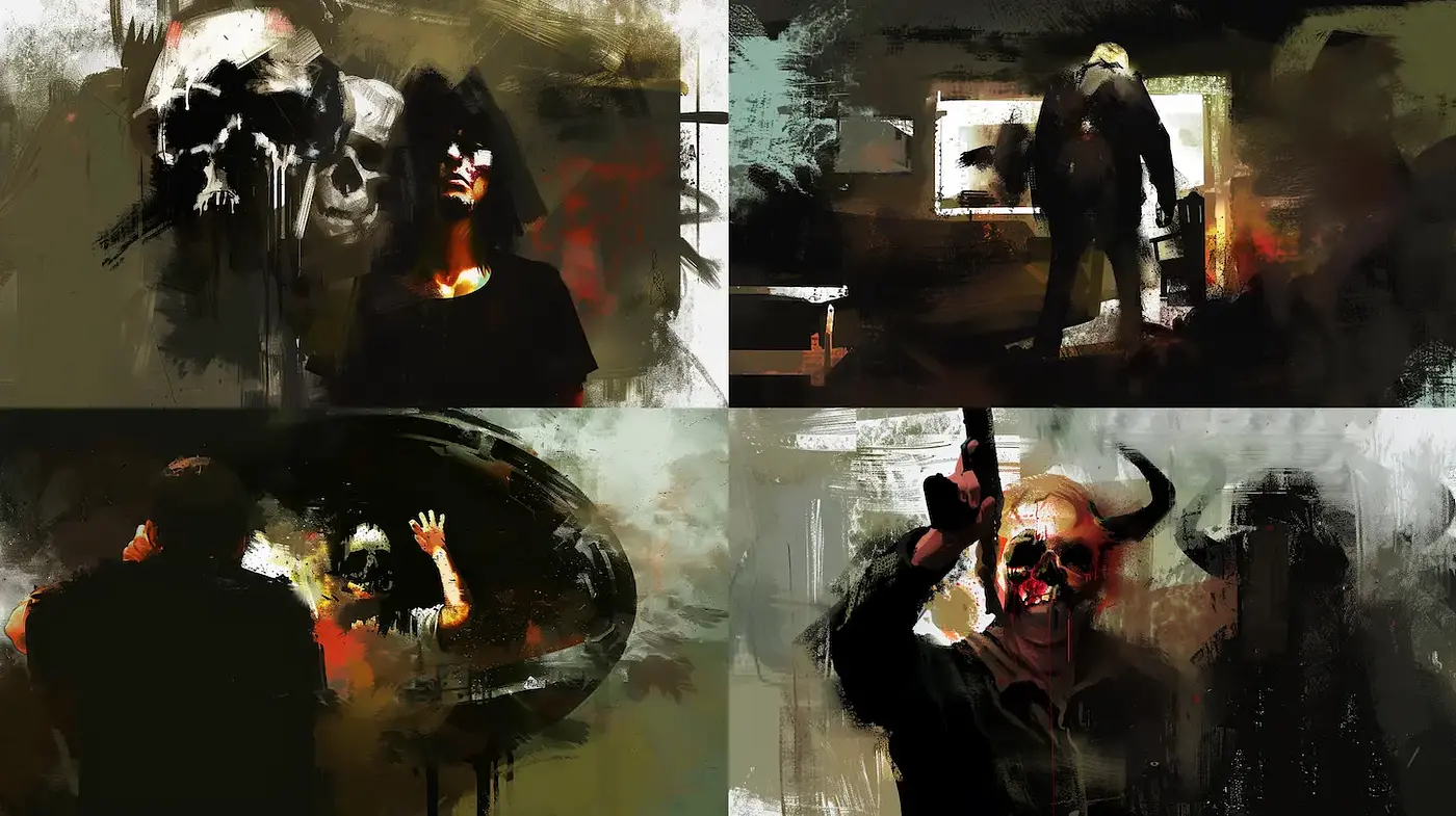 Dark, Expressionistic Artwork with Chaotic Energy - Midjourney sref style