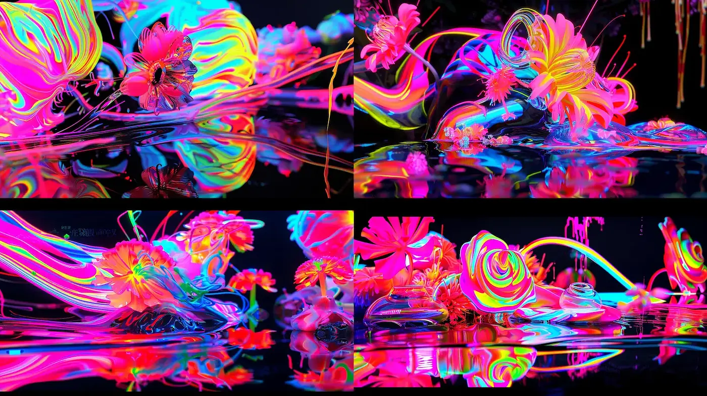 Vibrant and Neon Floral Abstract Art with a Glossy Finish - Midjourney sref style