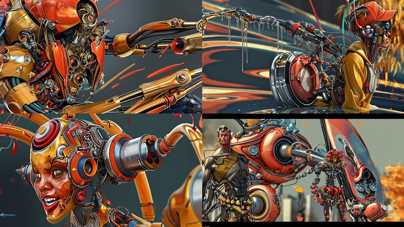 Futuristic Mechanical Opulence: A Fusion of Vibrant Machinery and Human Intricacy - Midjourney sref style