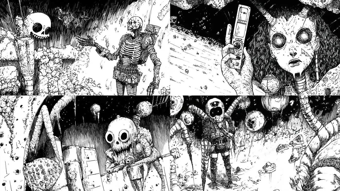 Eerie Monochromatic Pen-and-Ink Illustrative Style - Midjourney sref style