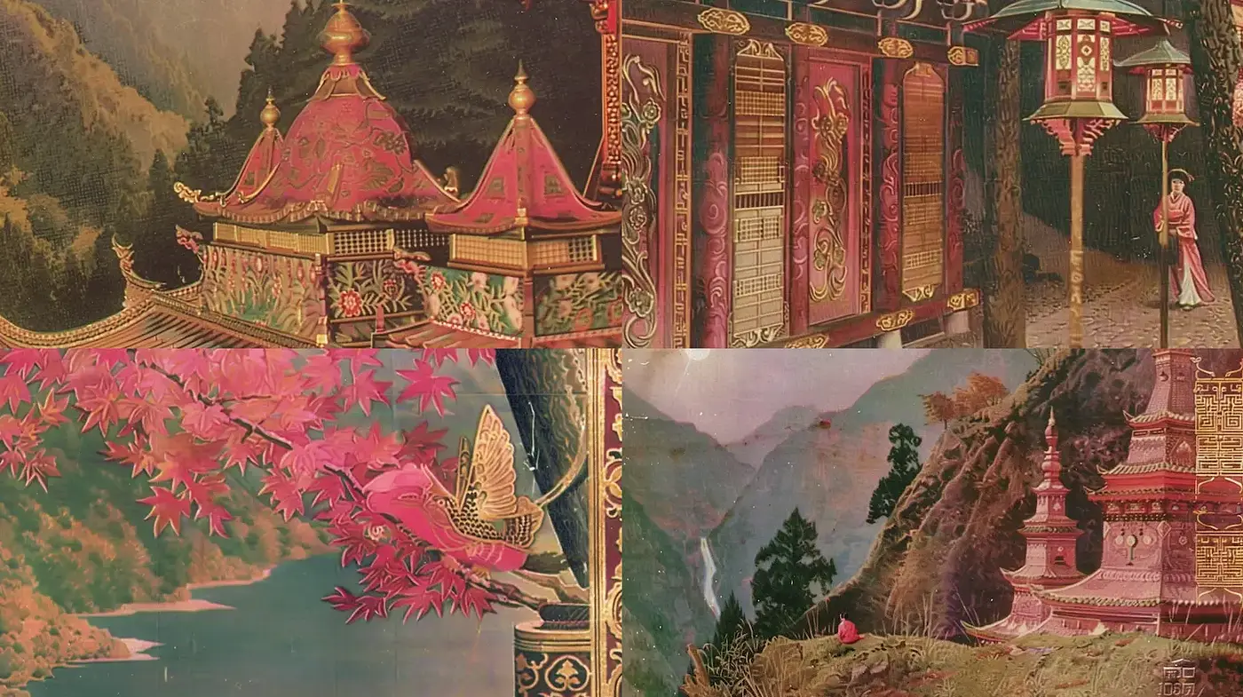 Intricate Asian-inspired landscapes with a vintage touch - Midjourney sref style