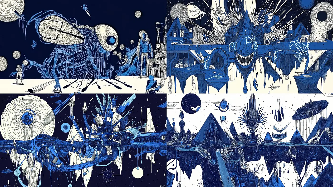 Ethereal Nocturnal Odyssey in Indigo: A Surreal Synthesis of Dreamscape and Space - Midjourney sref style