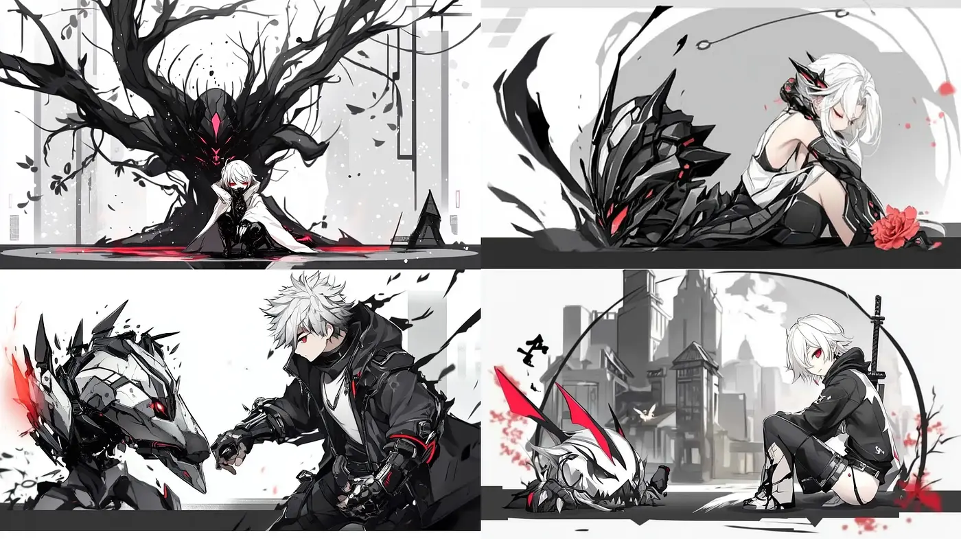 Monochrome Elegance with Crimson Accents in Dynamic Anime Fantasy Art - Midjourney sref style