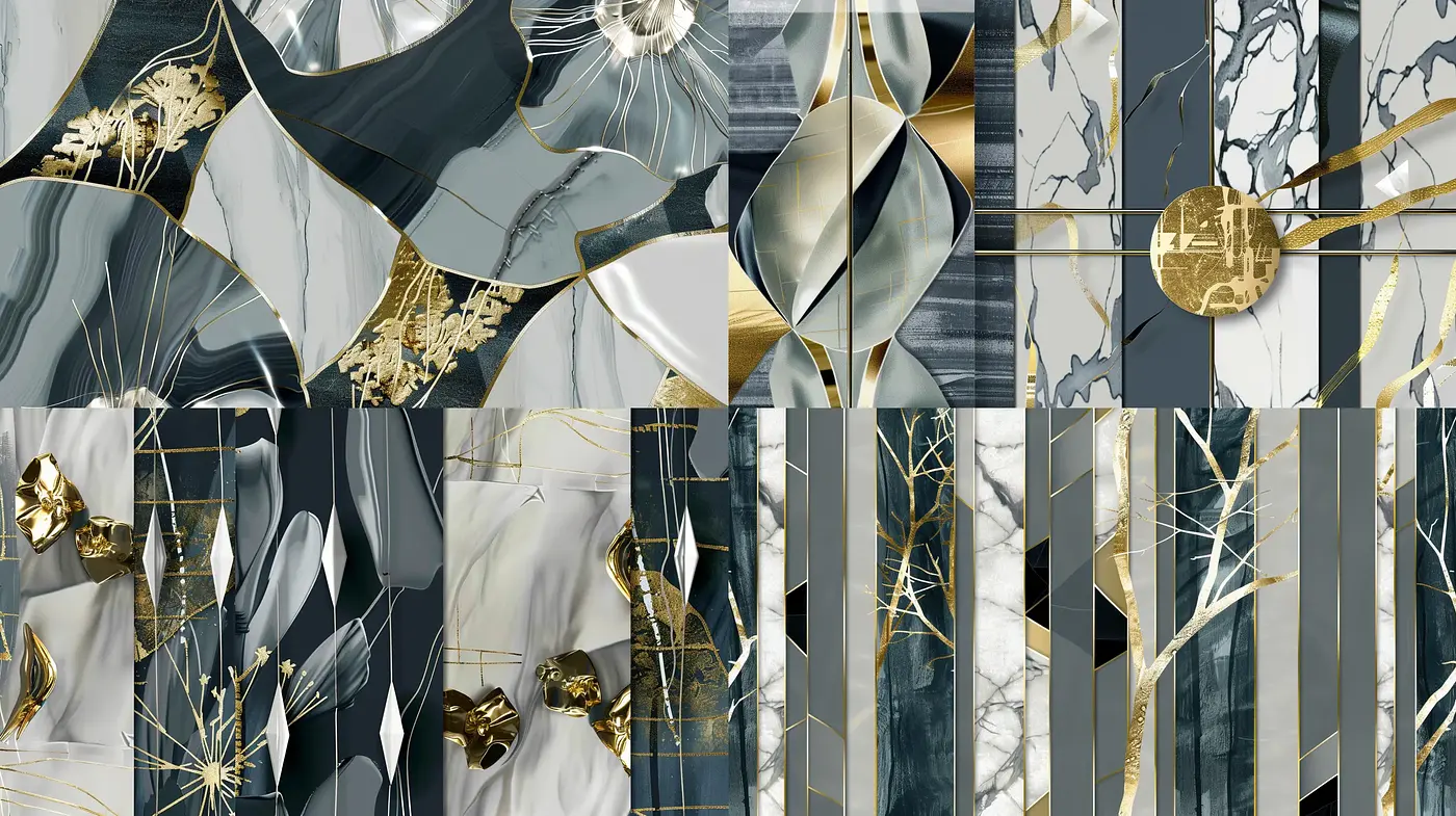Elegant Fusion of Abstract Modernism and Luxe Metallics - Midjourney sref style