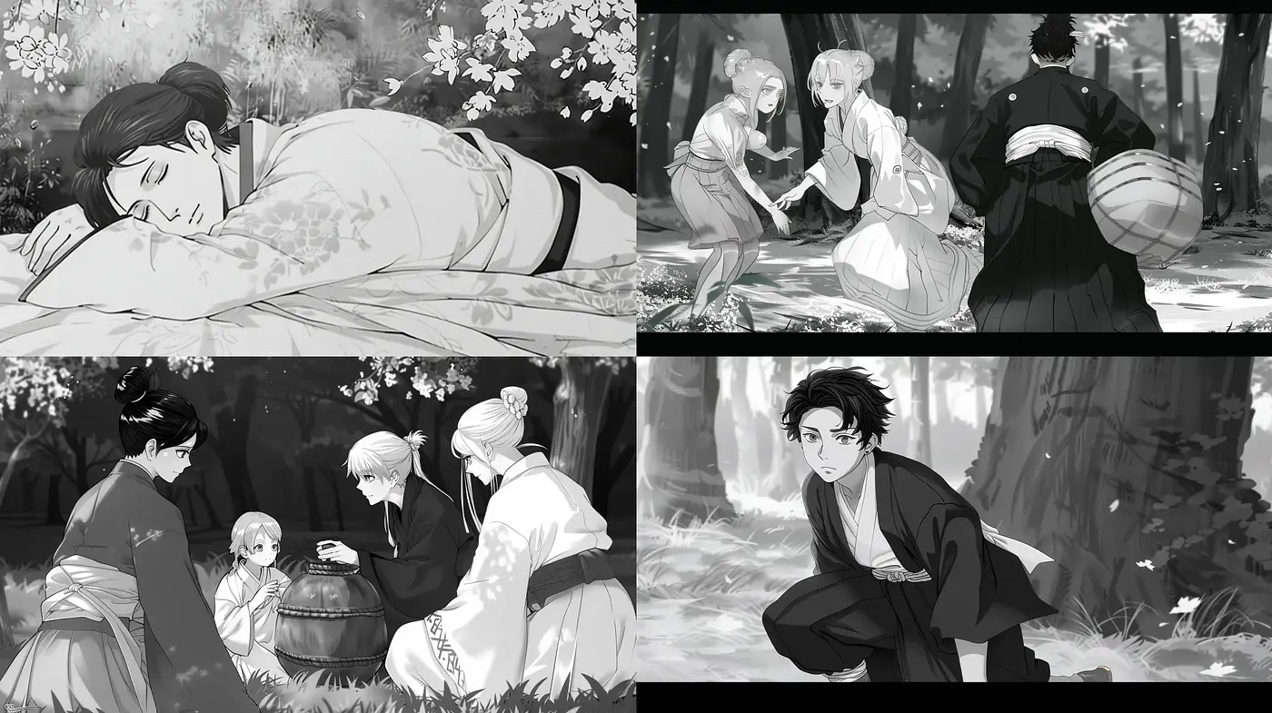 Monochromatic Nostalgia: A Harmonious Fusion of Ink Wash and Manga - Midjourney sref style