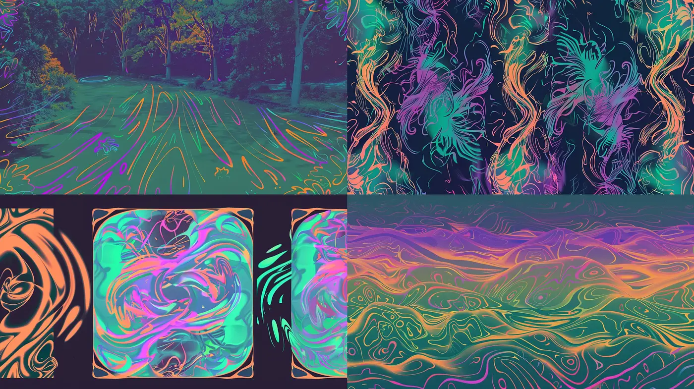Psychedelic Dreamscape: A Luminous Journey through Abstracted Nature - Midjourney sref style