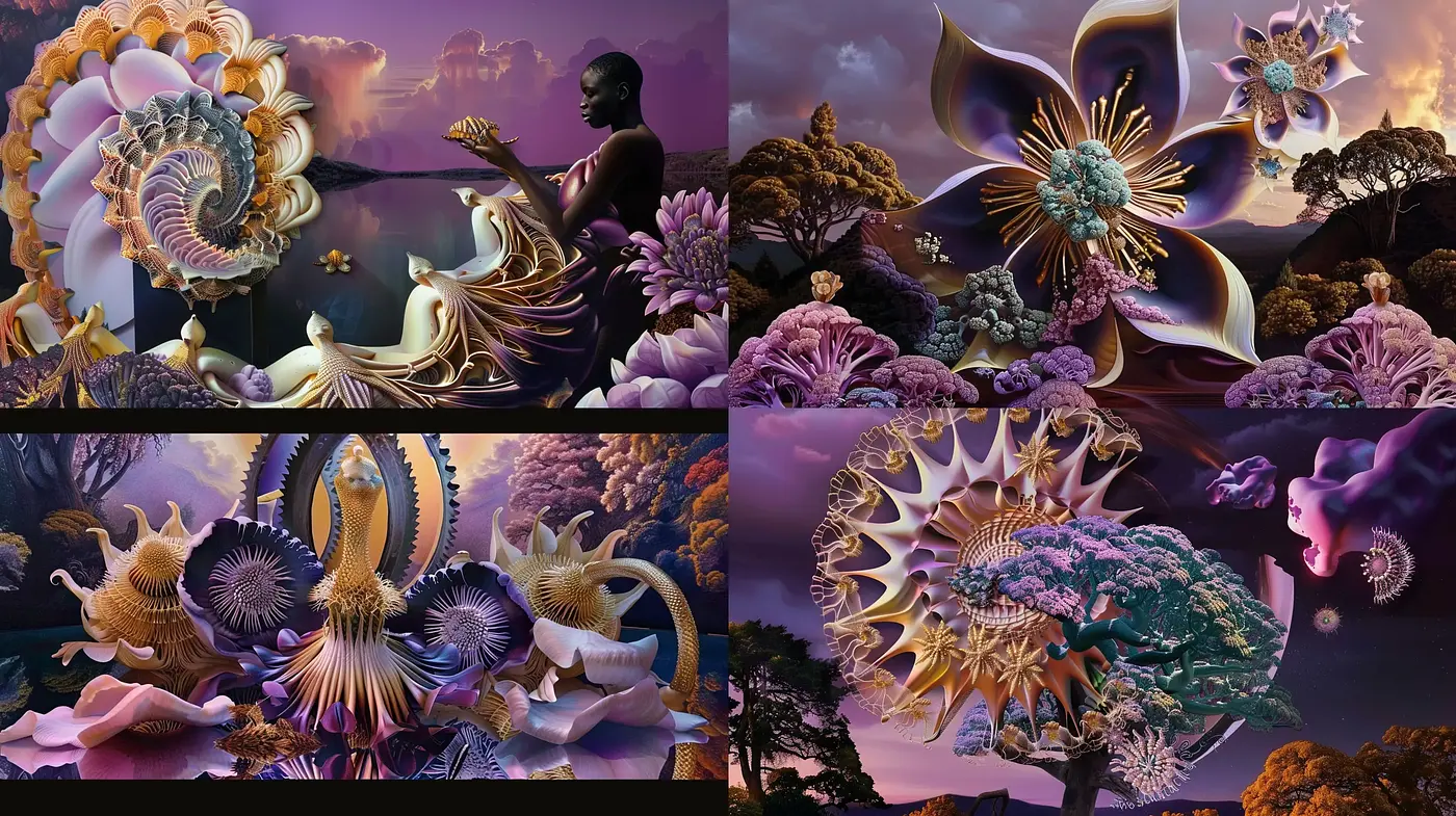 Whimsical Fractal Elegance Blending Dreamscape with Organic Textures - Midjourney sref style