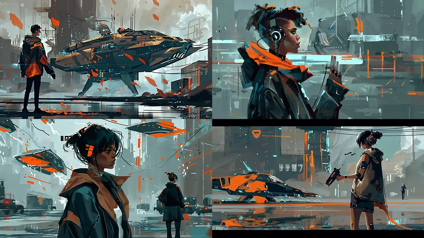 Futuristic Urban Tapestry in Cool Tones with Vivid Accents - Midjourney sref style