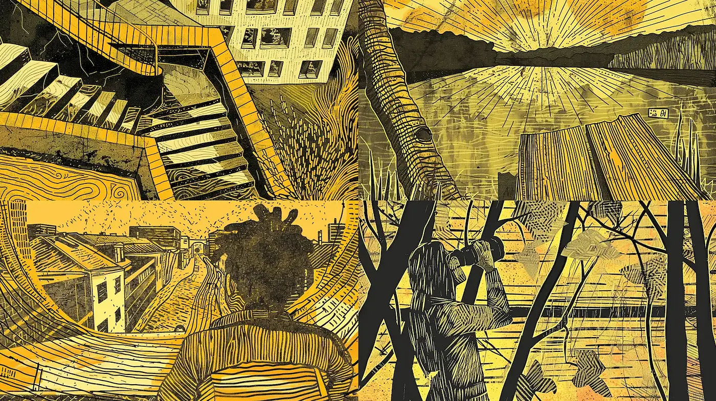 Dynamic Illustrative Art with Strong Geometric Influence and Warm Tones - Midjourney sref style