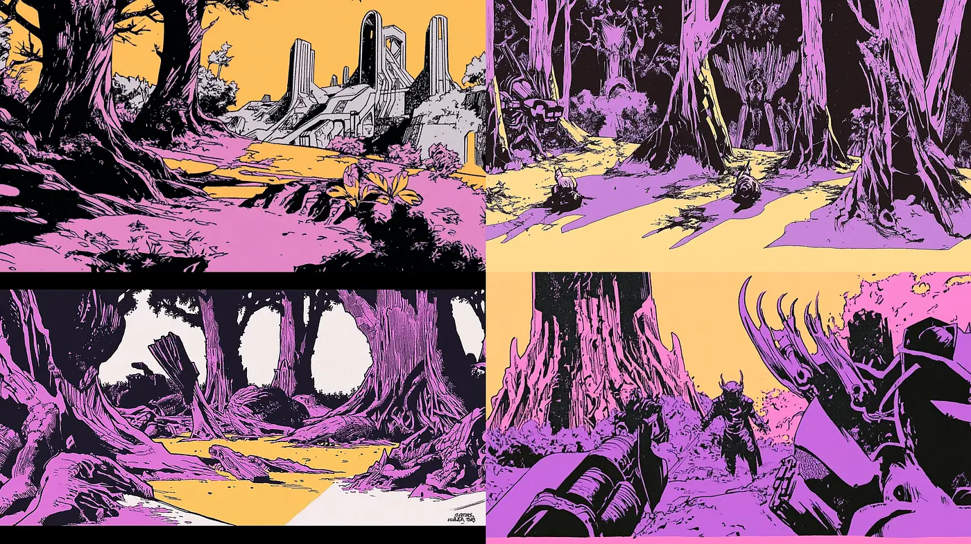 Psychedelic Twilight: A Fusion of Bold Lines and Surreal Spaces - Midjourney sref style