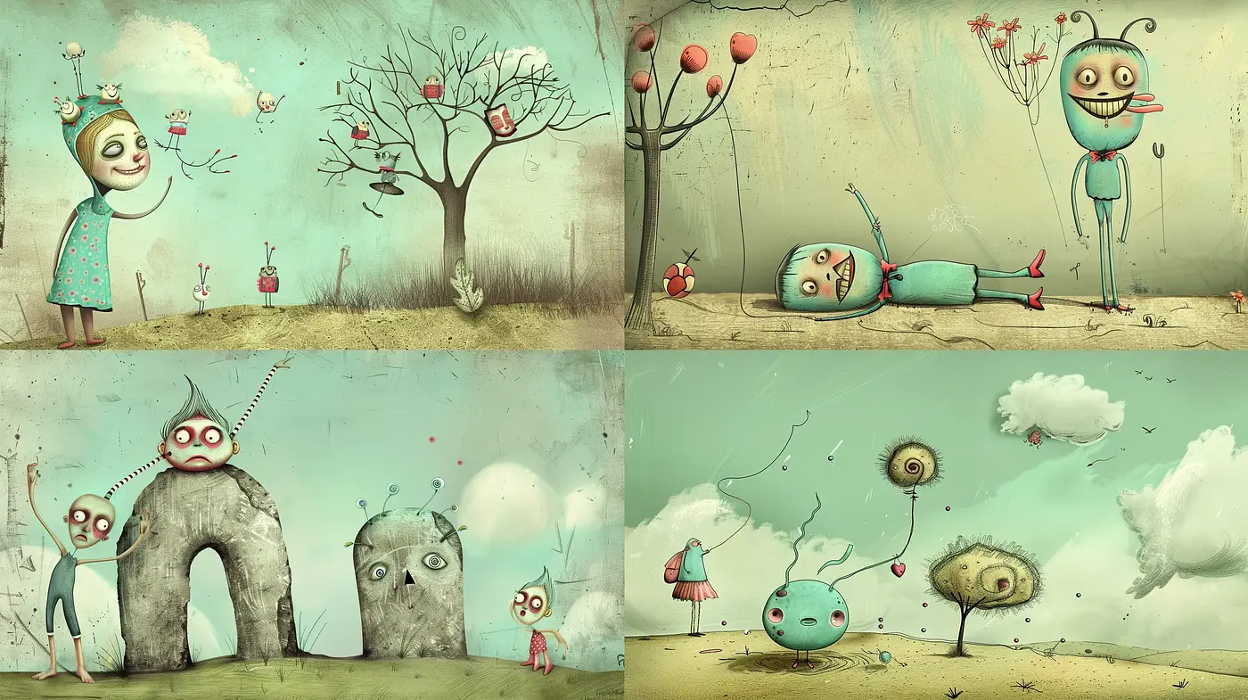 Whimsical Surrealism with a Tim Burton-esque Essence - Midjourney sref style