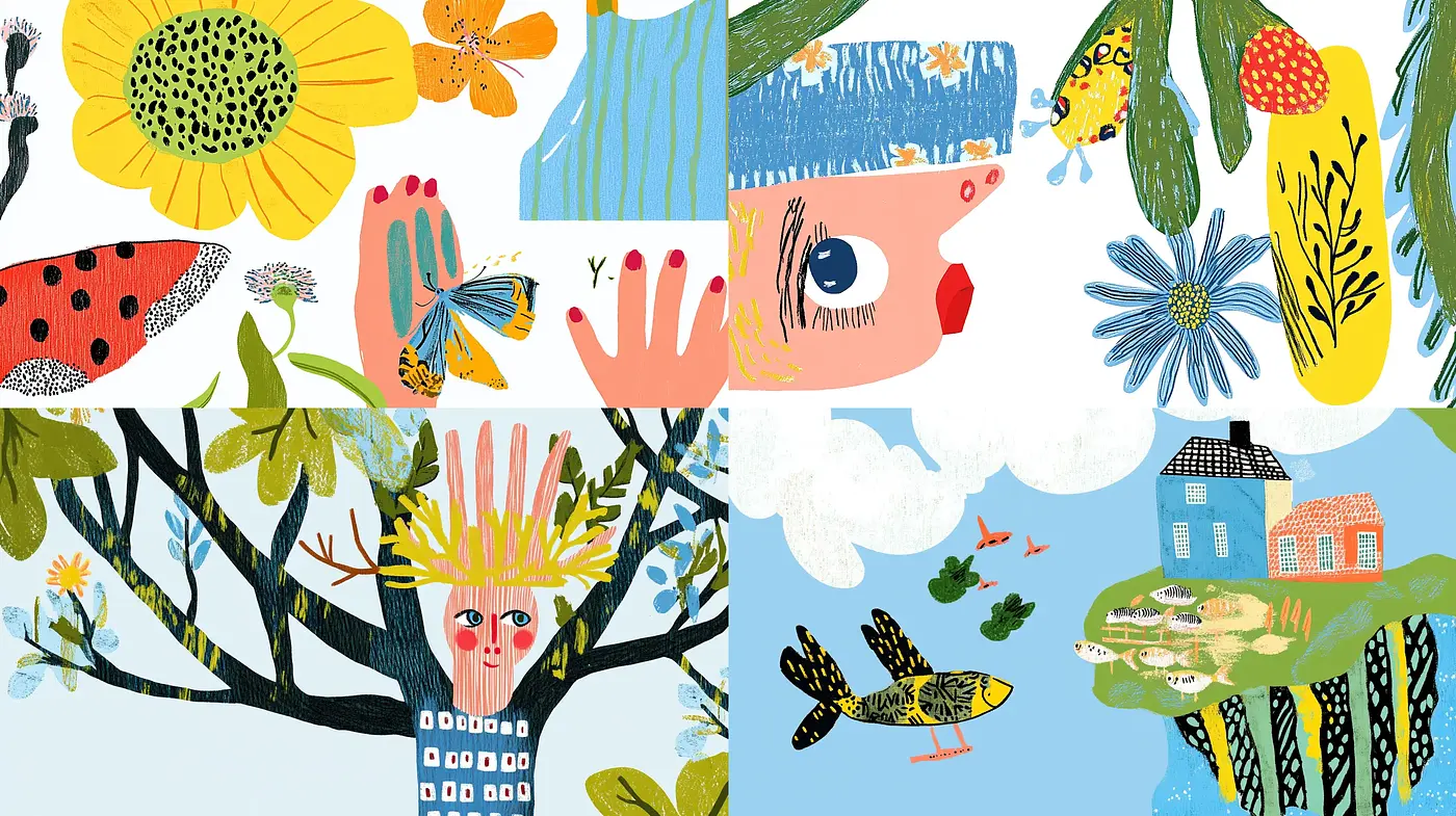 Whimsical Nature-Inspired Illustrative Montage - Midjourney sref style