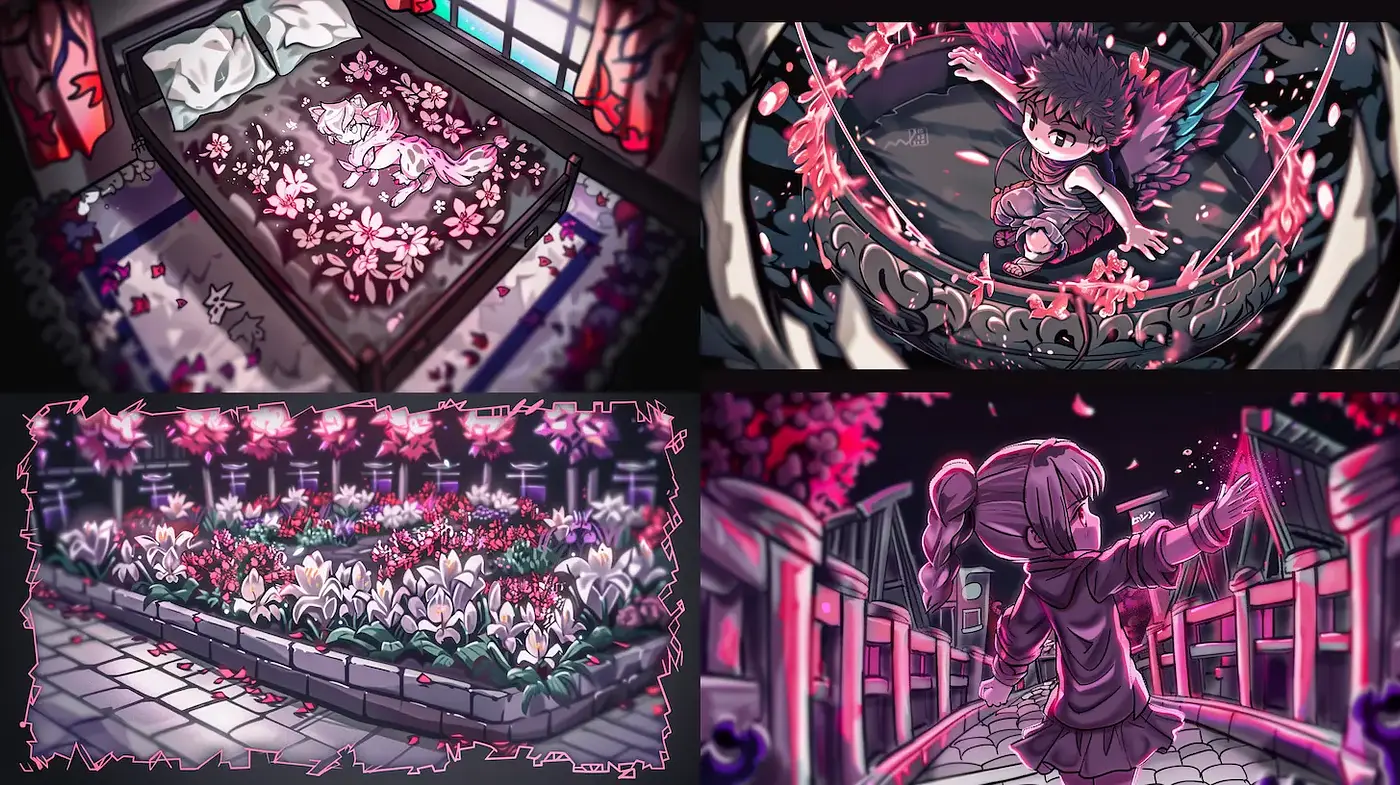 Whimsical and Enigmatic Floral Fantasy with a Touch of Darkness - Midjourney sref style