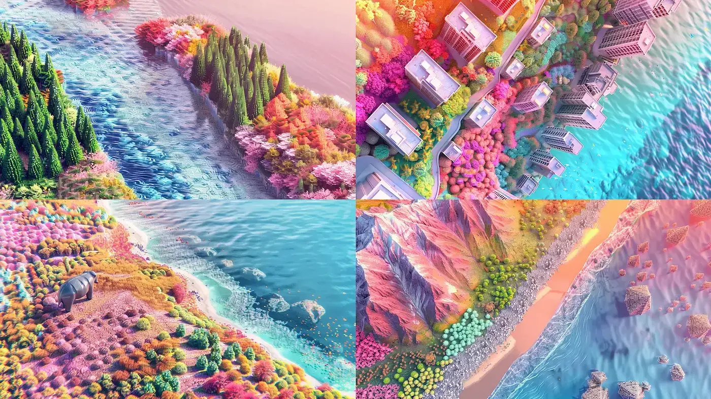 Vibrant Surreal Landscapes with Soft Color Gradients and Playful Textures - Midjourney sref style