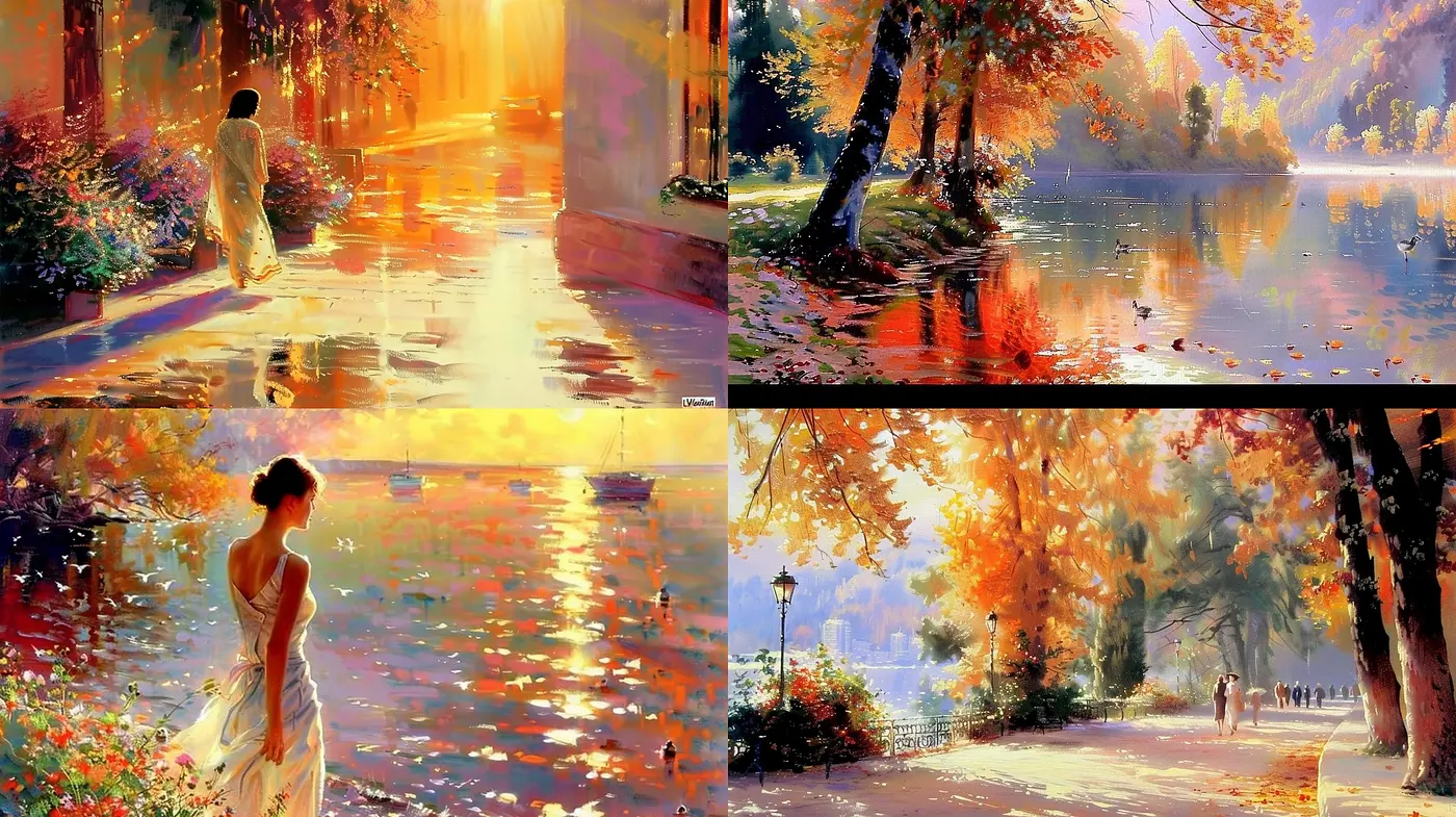 Autumnal Luminescence: A Study in Warm Light and Reflective Textures - Midjourney sref style
