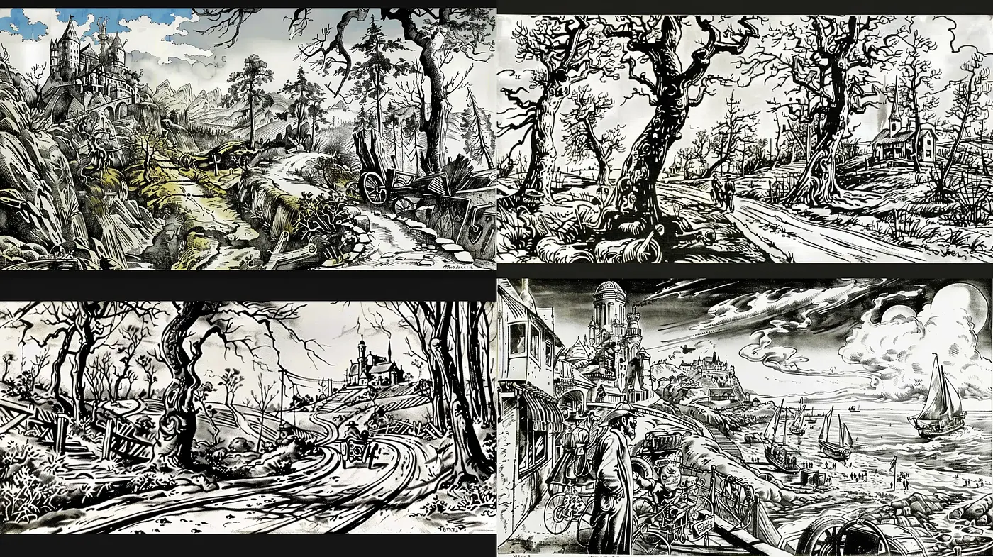 Monochromatic Engravings of Idyllic and Ruined Landscapes - Midjourney sref style