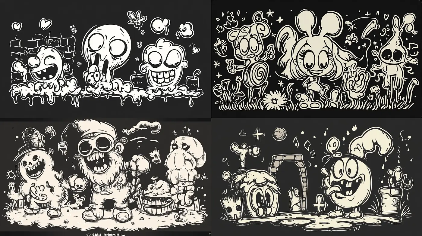Monochromatic Whimsy: A Consistent Noir Cartoon Fusion - Midjourney sref style