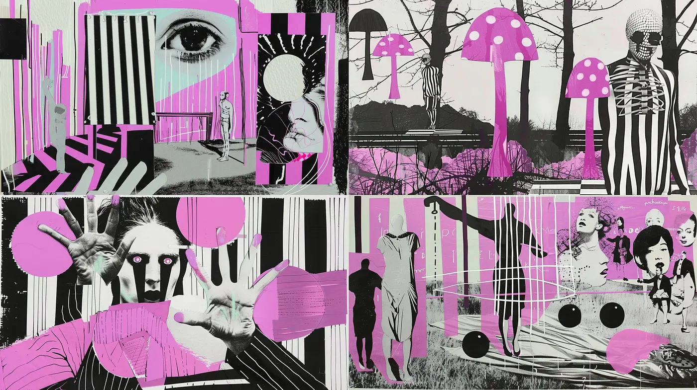 Contemporary Graphic Collage with Vibrant Magenta Accents and Monochrome Elements - Midjourney sref style