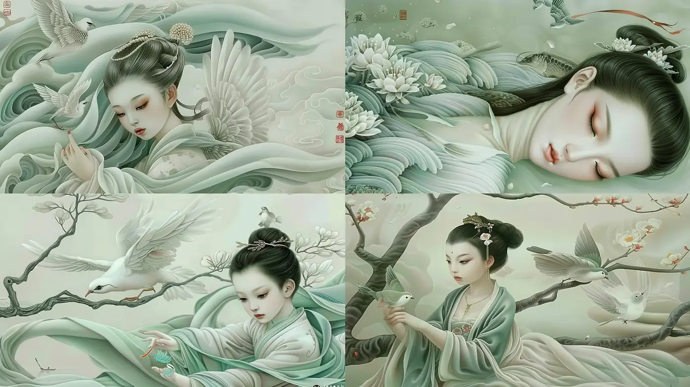 Ethereal Elegance in Serene Greens: A Fusion of Traditional Asian Artistry and Dreamlike Fantasy - Midjourney sref style