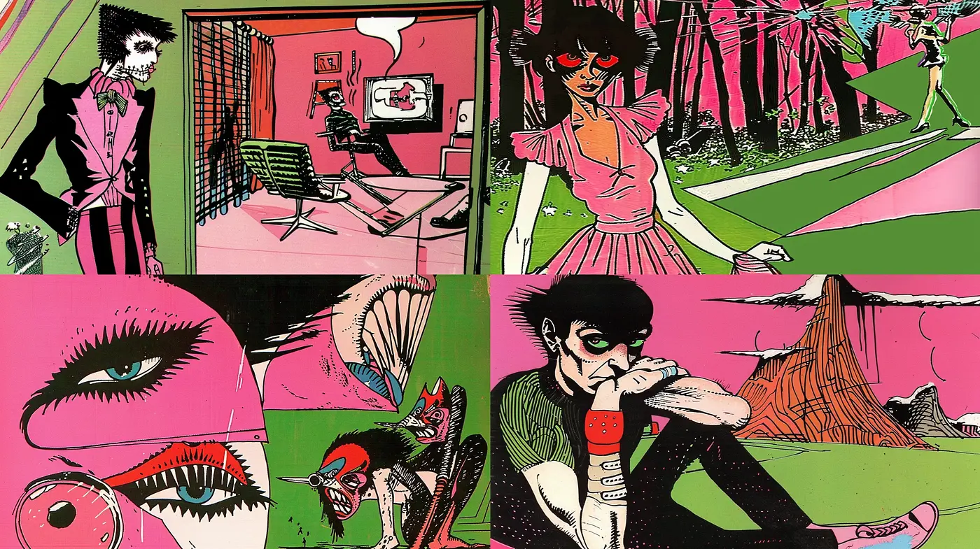 Neon Noir Pop Art Fusion with Surreal Vibrancy - Midjourney sref style