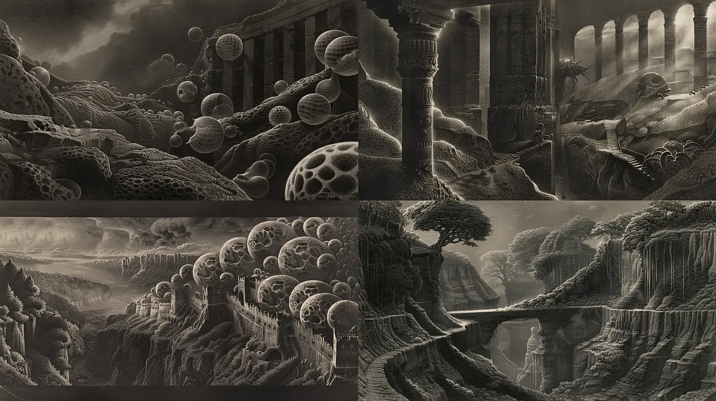 Monochrome Dreamscapes: Echoes of Surrealism and Photorealism - Midjourney sref style