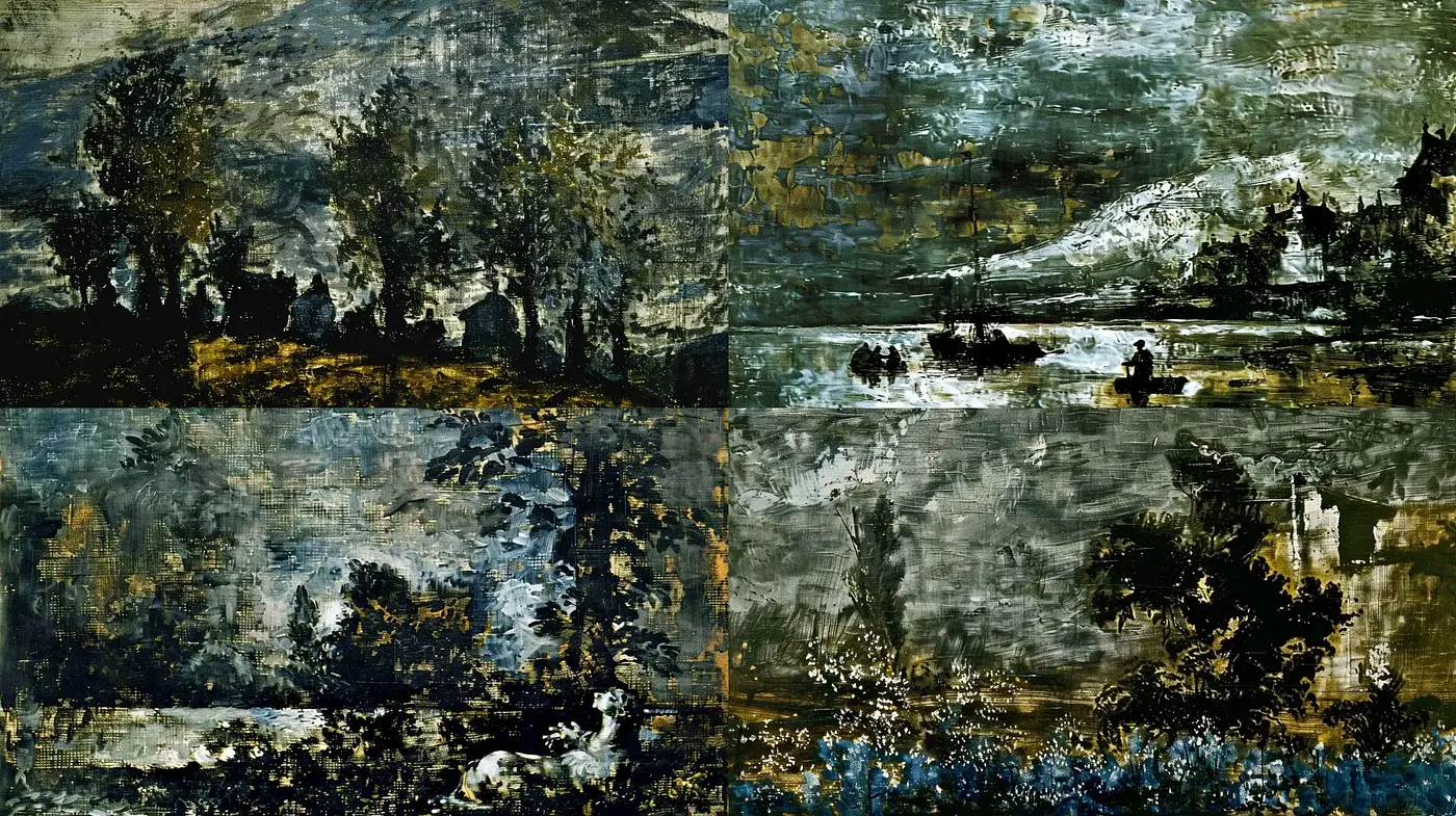 Impressionist Landscape Simulacra with Monochromatic Tones and Eroded Textures - Midjourney sref style