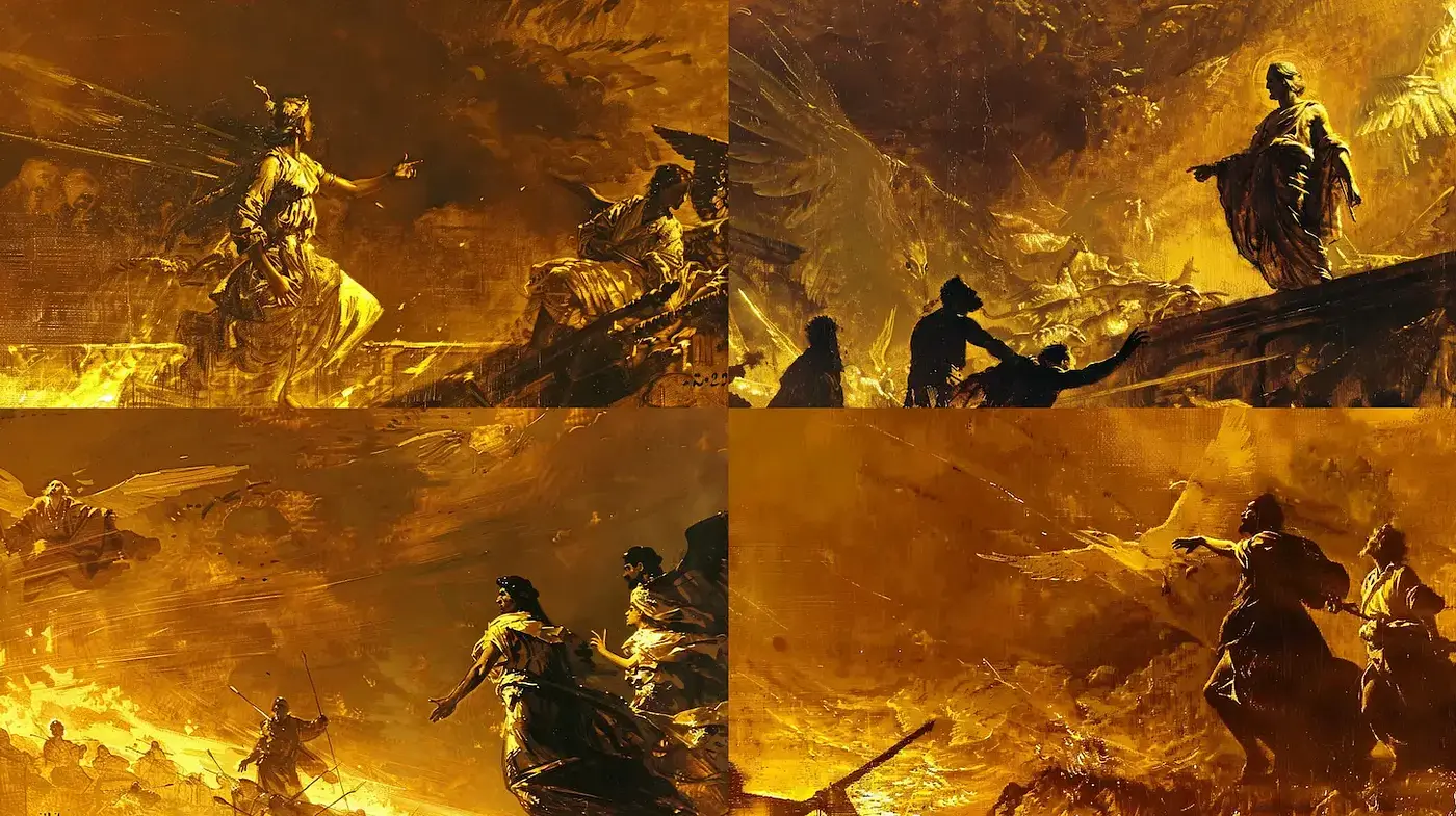 Dynamic depictions of epic historical narratives with dramatic lighting - Midjourney sref style
