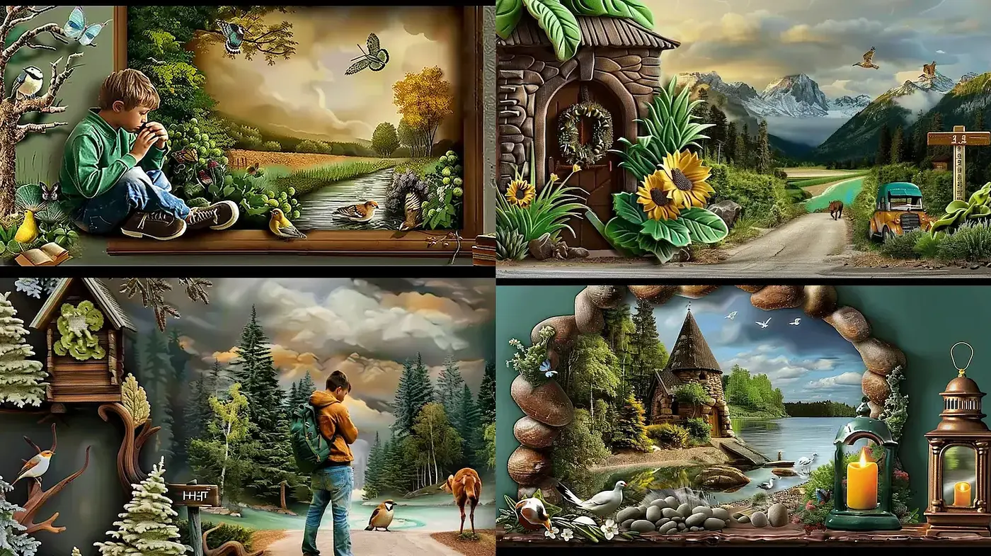 Enchanting Idyllic Landscape Fusion with Rustic Elements - Midjourney sref style