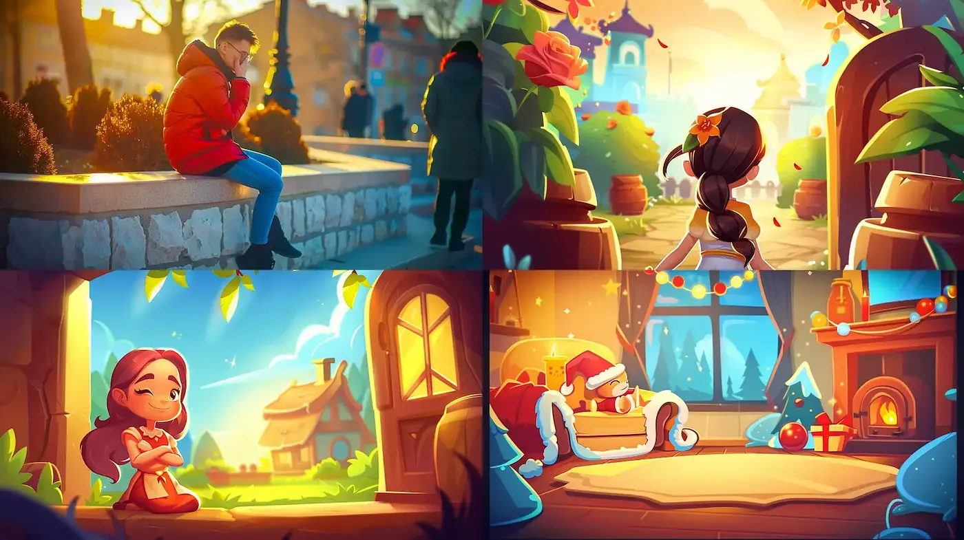 Whimsical Illustrations with Warm Color Tones and Playful Composition - Midjourney sref style