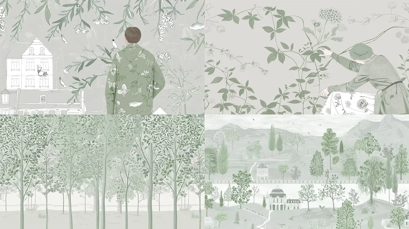 Serene Toile de Jouy Pastoral Vignettes with a Modern Monochromatic Twist - Midjourney sref style