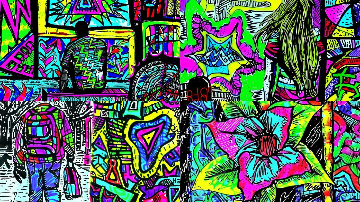 Psychedelic Doodle Fusion with Neon Glow - Midjourney sref style