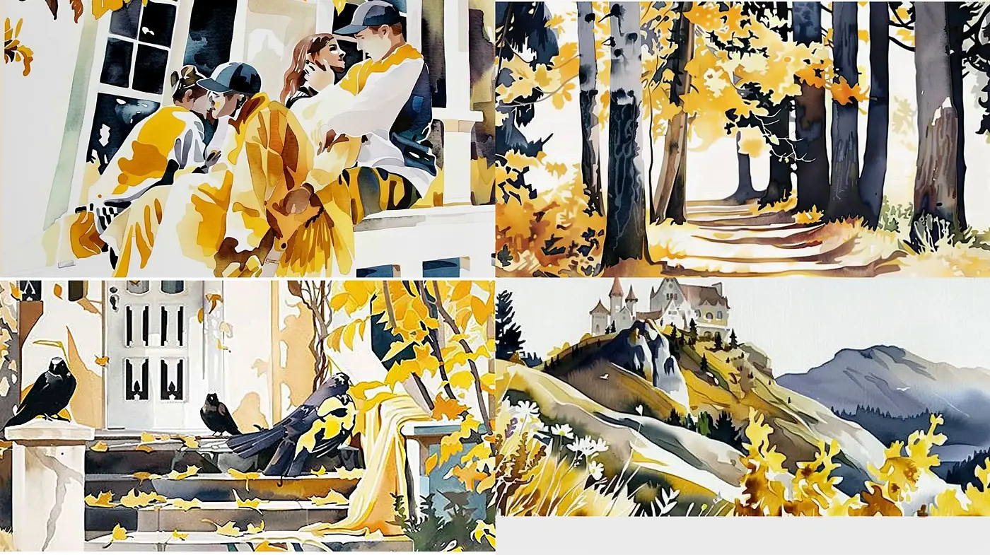 Autumnal Watercolor Harmony with Expressive Brushstrokes - Midjourney sref style
