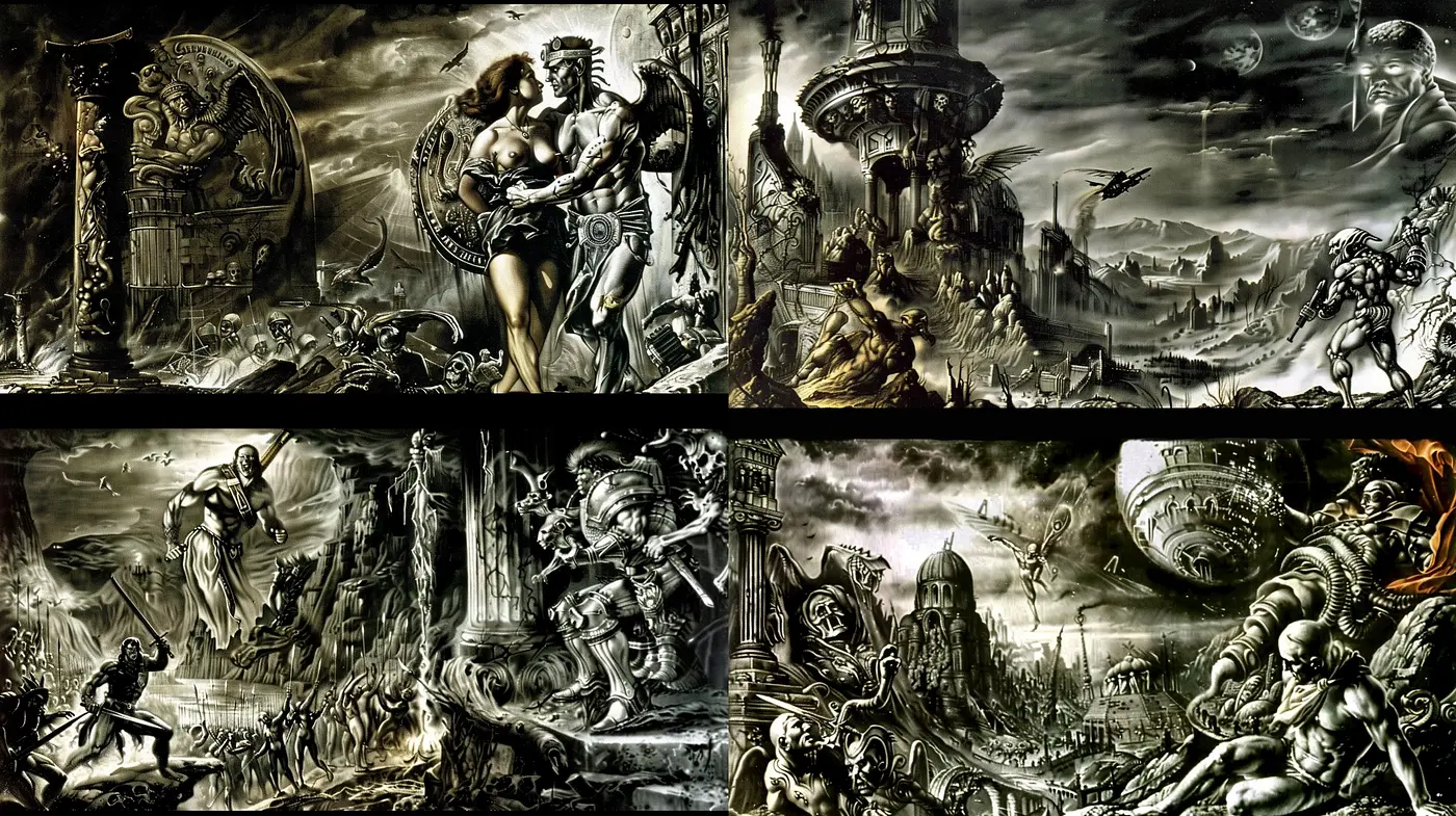 Epic Fantasia in Monochrome: A Fusion of Classical Mythology and Sci-Fi Dystopia - Midjourney sref style
