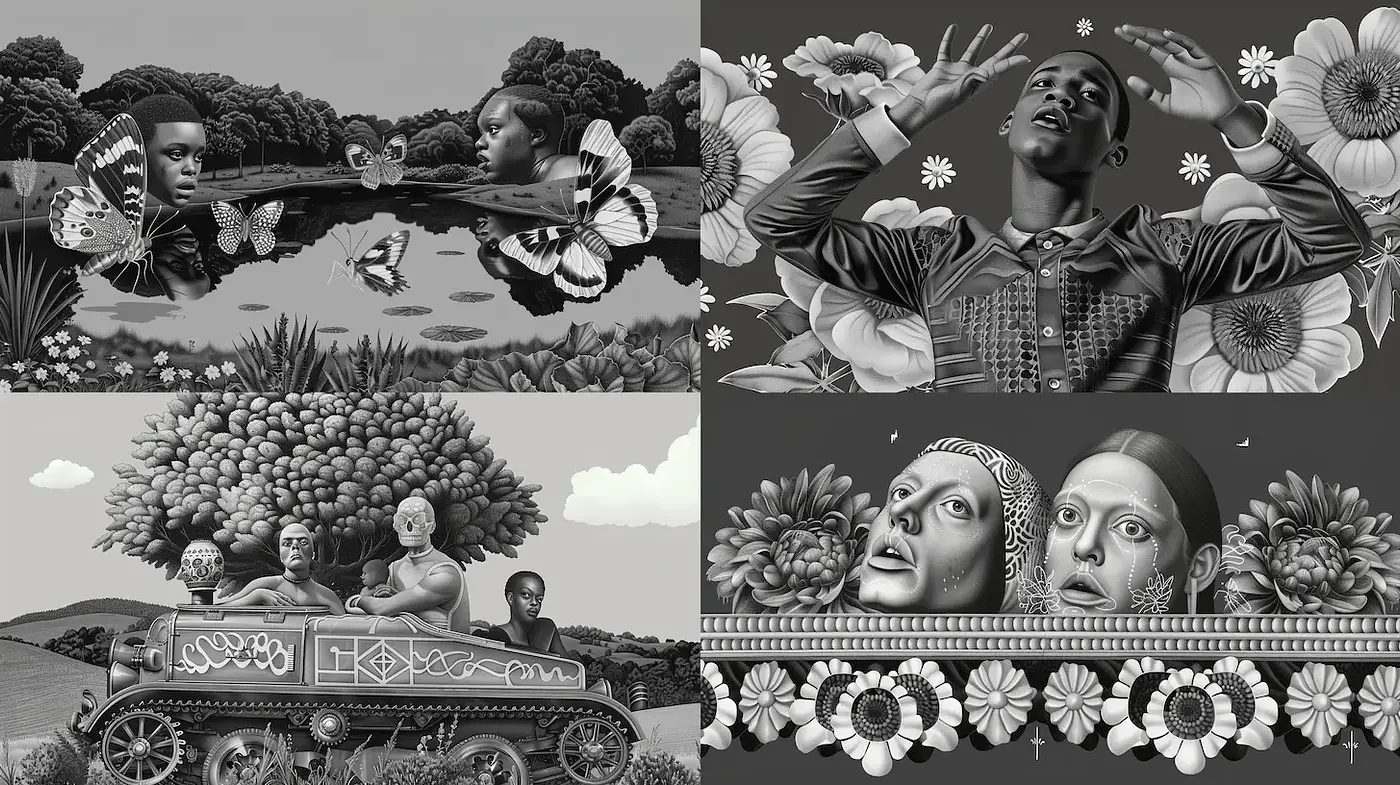 Stylized Black and White Interpretations with Symbolic Elements - Midjourney sref style