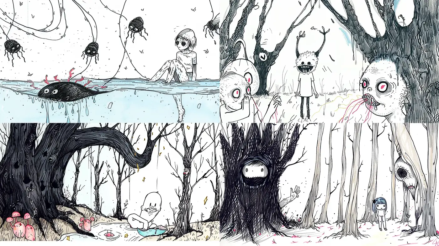 Whimsical Macabre: Stylized Interpretations of Surreal Otherworlds - Midjourney sref style