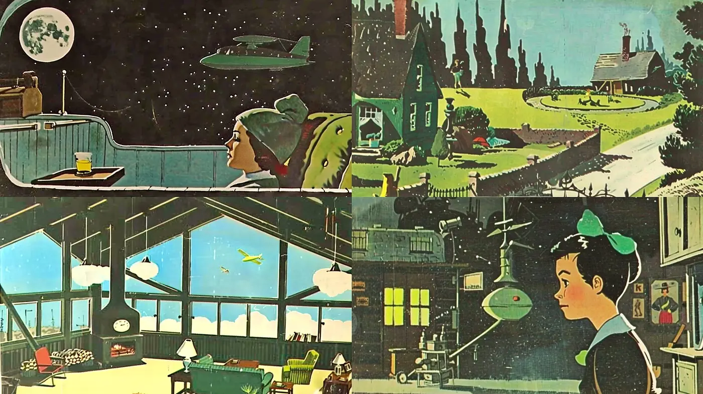 Retro-futuristic Nostalgia with Vibrant Mid-Century Illustrative Charm - Midjourney sref style