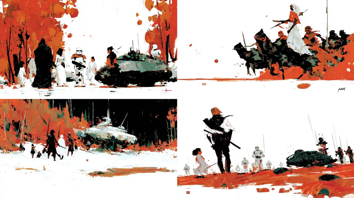 Dynamic and expressive visual narrative with bold contrasts and gestural strokes - Midjourney sref style