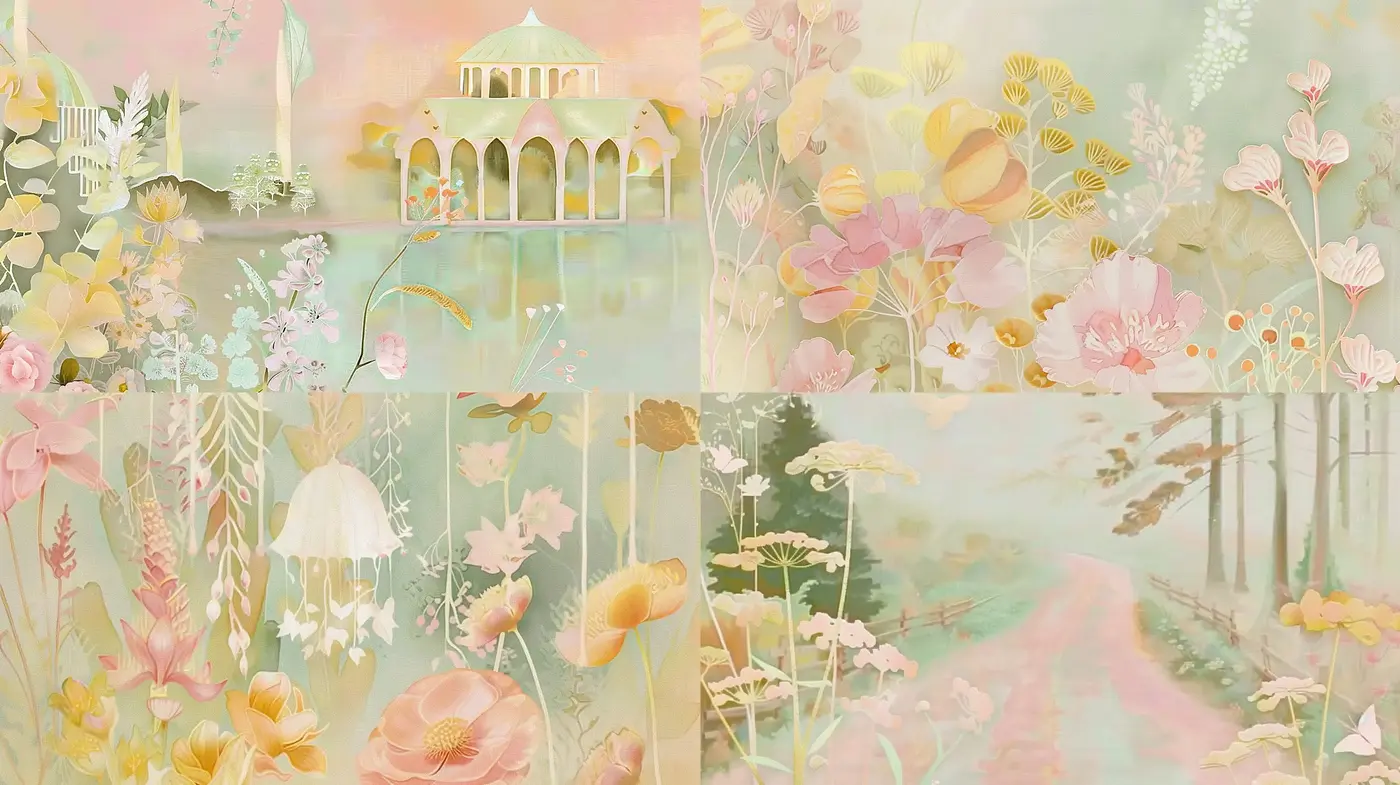 Pastel Botanical Dreamscapes with Ethereal Overtones - Midjourney sref style