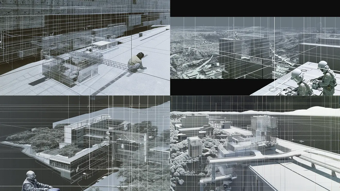 Architectural Blueprint Harmony with Monochromatic Urban Murmurs - Midjourney sref style