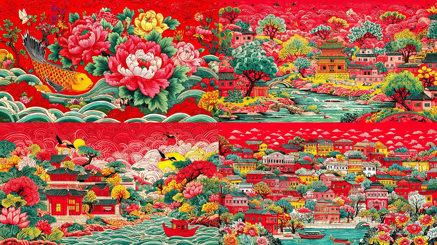 Vibrant and intricate portrayal of nature and architecture blending harmoniously - Midjourney sref style