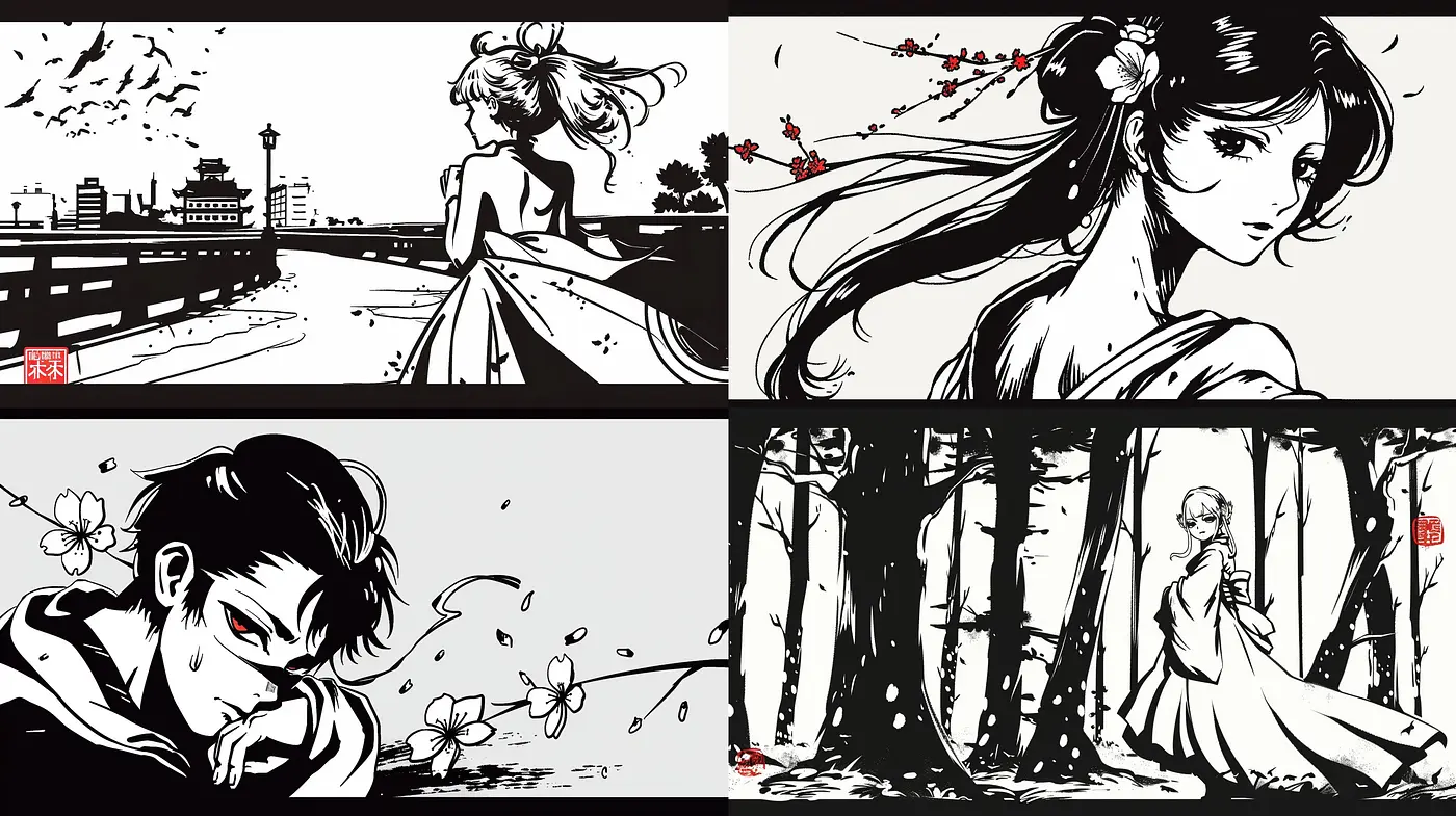 Monochromatic Elegance: A Fusion of Ink Wash and Anime with a Touch of Red - Midjourney sref style