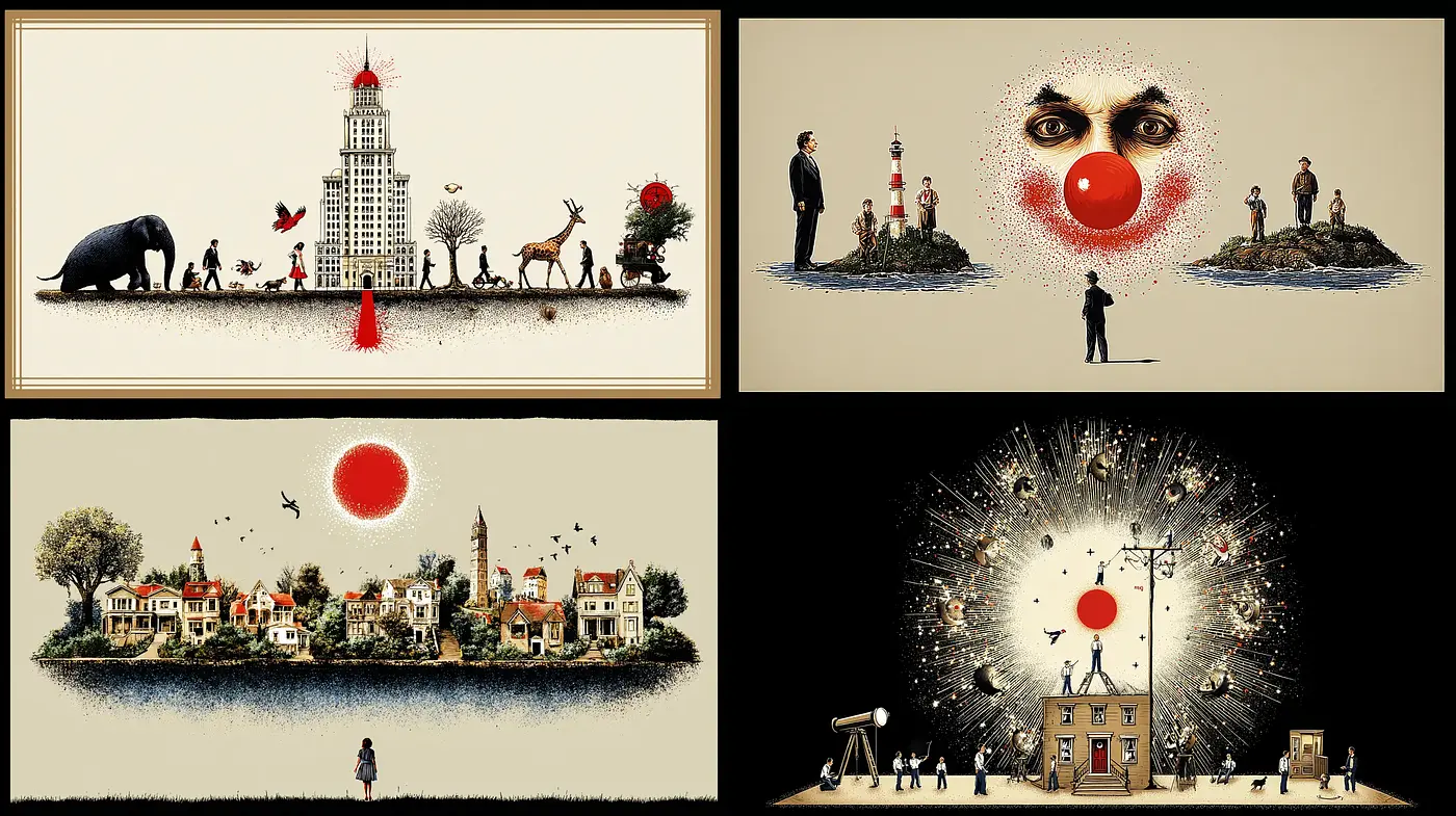 Surreal and whimsical urban landscapes with dynamic compositions - Midjourney sref style