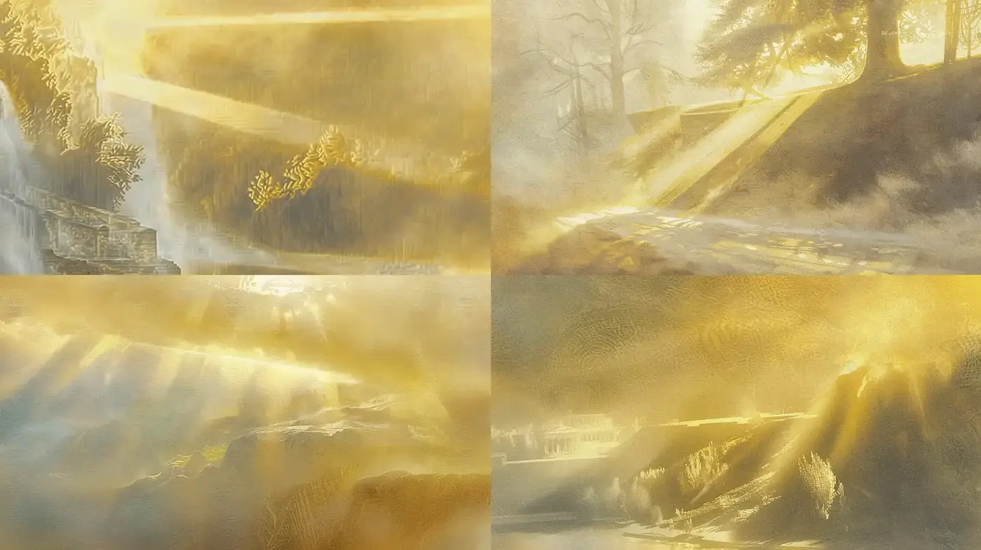 Ethereal serene landscapes with luminous textures and soft golden hues - Midjourney sref style