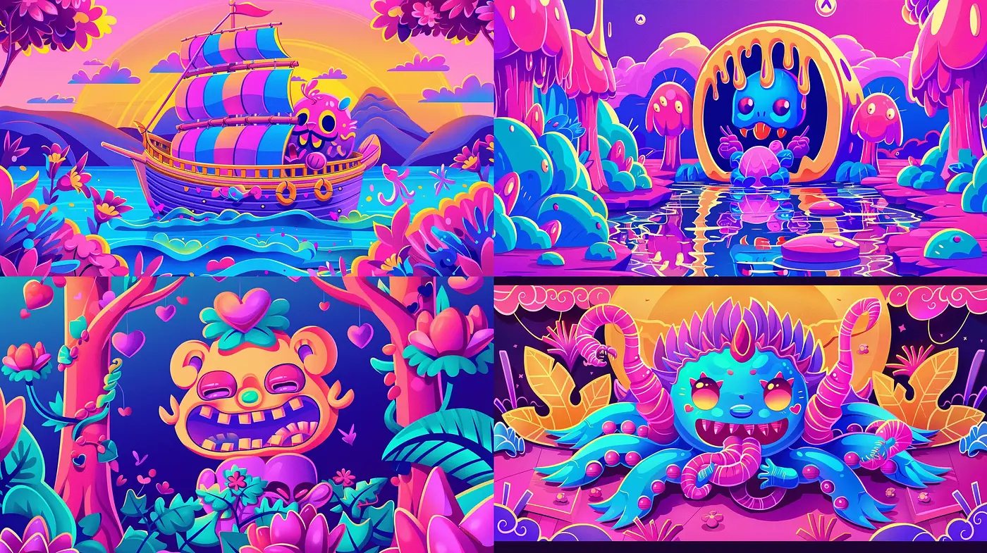 Vibrant Fantasia: A Harmonious Blend of Surrealism and Cartoonish Whimsy - Midjourney sref style