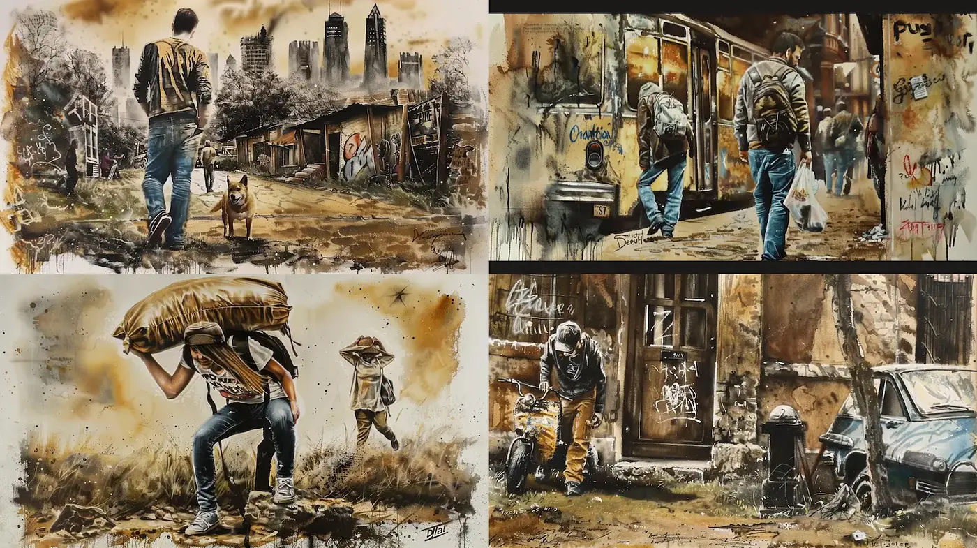 Dynamic urban realism with a gritty aesthetic conveying resilience and struggle - Midjourney sref style