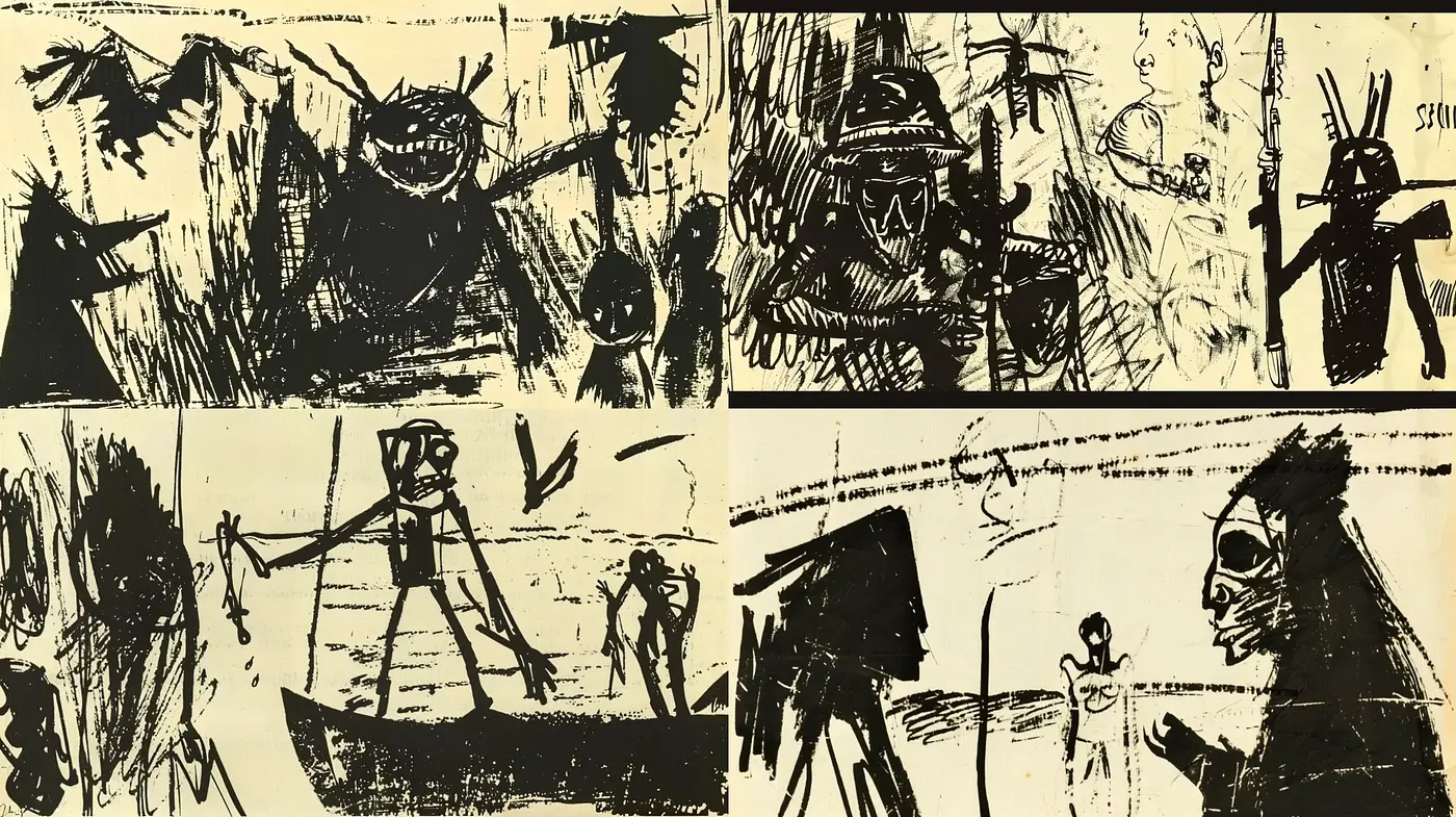 Rustic Ink Sketches with an Evocative Primitive Essence - Midjourney sref style