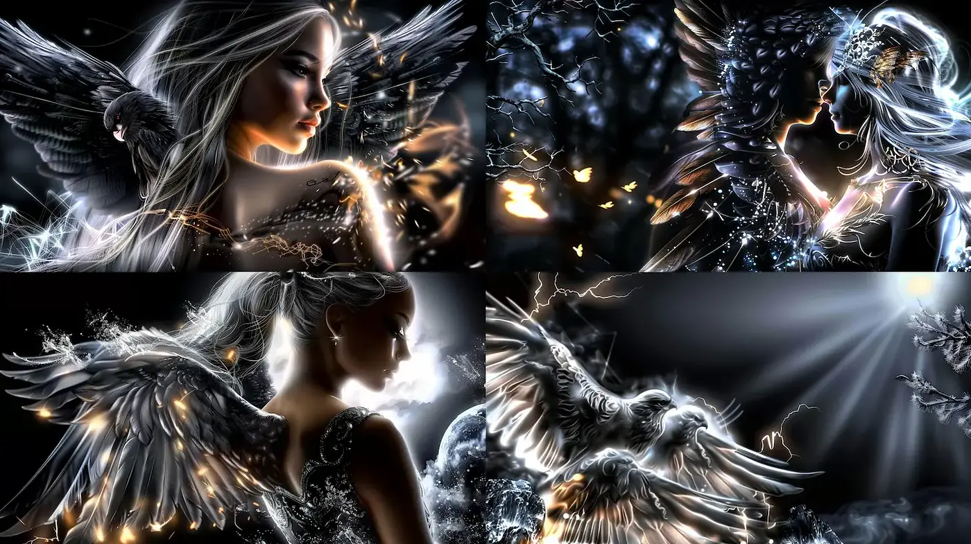 Ethereal Fantasy with Winged Figures and Enigmatic Elements - Midjourney sref style