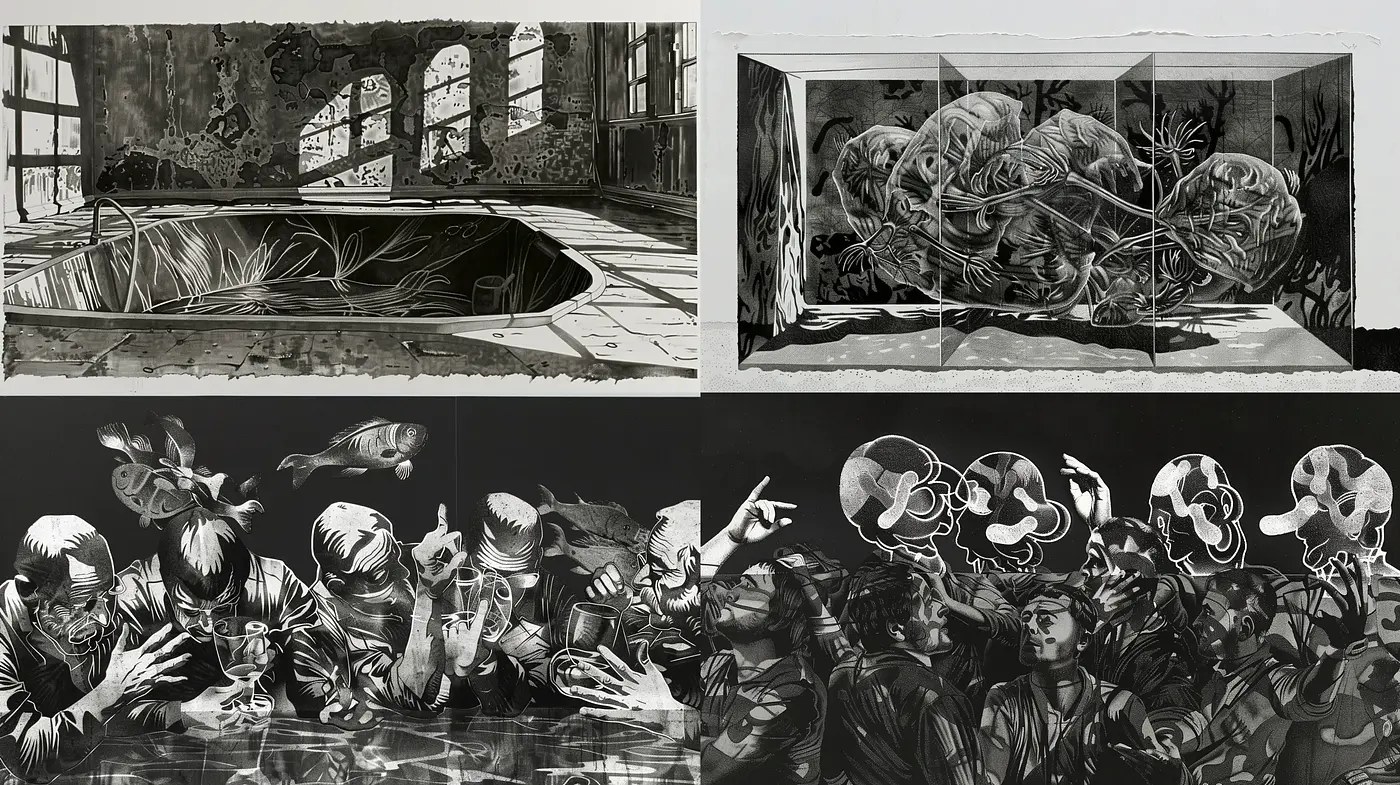 Monochromatic Surrealist Echoes with a Graphic Novel Flair - Midjourney sref style
