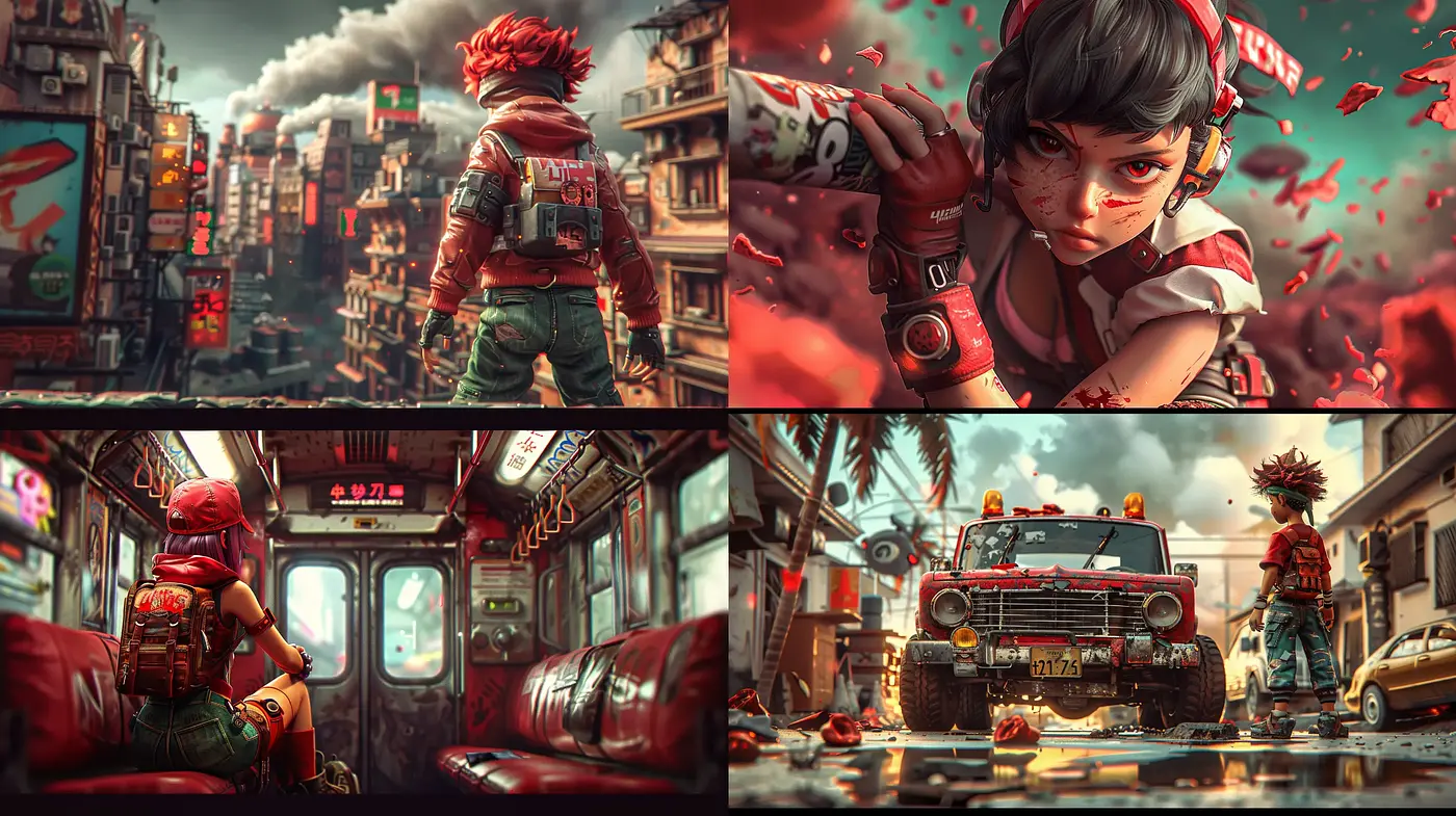 Dynamic Post-Apocalyptic Vistas with Vibrant Anime Essence - Midjourney sref style